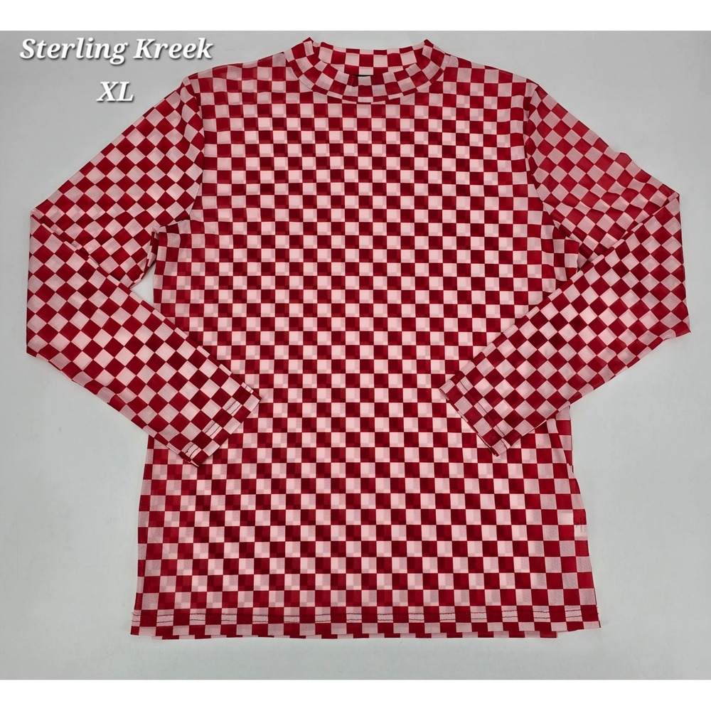 Sterling Kreek XL Red Pink Checkerboard Mesh Mock Neck Long Sleeve Top Y2K